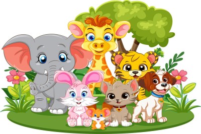 infinity interiors 90 cm Cute Jungle Animals Group Kid Living Room, Bedroom, Nursery School Wall Sticker Self Adhesive Sticker(Pack of 1)