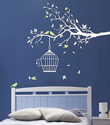 Asmi Collections 155 cm White Branches Green Birds Self Adhesive Sticker(Pack of 1)