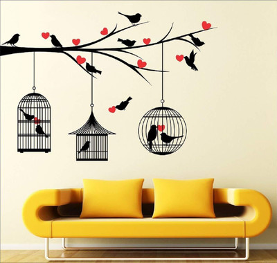 CreativeEdge 85 cm loveing hearts tree birds with cages multicolour wall sticker Self Adhesive Sticker(Pack of 1)