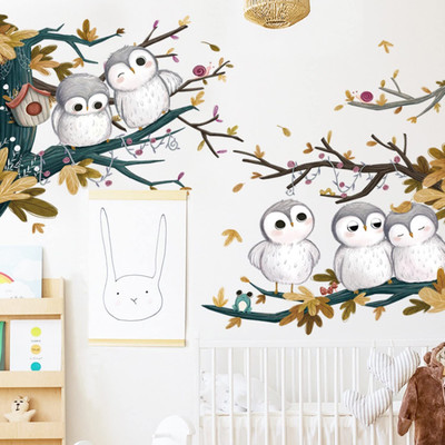 SmartWindow 60 cm Owl Birds on The Branches Hand Drawn Style Wall Sticker (60 CM X 90 CM) Self Adhesive Sticker(Pack of 1)