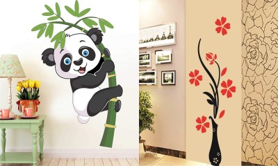 GharKraft 90 cm Ghar Kraft Set Of 2 Wall Sticker Baby Panda And Flower Vase Red Wall Sticker Self Adhesive Sticker(Pack of 2)