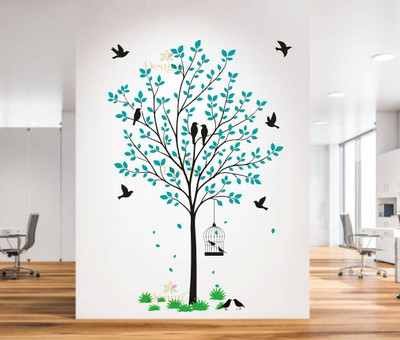 Sk decals bazar 90 cm Birds on Tree Wall Sticker – Nature Vinyl Decal for Living Room & Bedroom Decor Self Adhesive Sticker(Pack of 1)