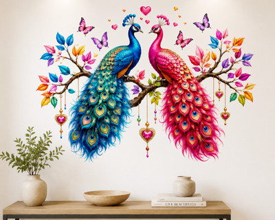 RADHACREATION 30 inch Royal Peacock Love Wall Sticker – Colorful 3D Bird Wall Decal for Living Room Self Adhesive Sticker(Pack of 1)