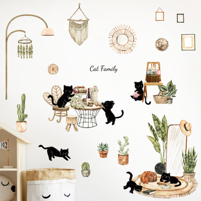 SmartWindow 60 cm Black Cat Family Kids Room Décor Wall Sticker (60CM x 90CM) Self Adhesive Sticker(Pack of 1)