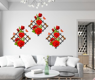 DivineDesigns 41 cm Red Roses Flowers Wall Sticker, Pack of 3pcs 16 inch each Self Adhesive Sticker(Pack of 3)