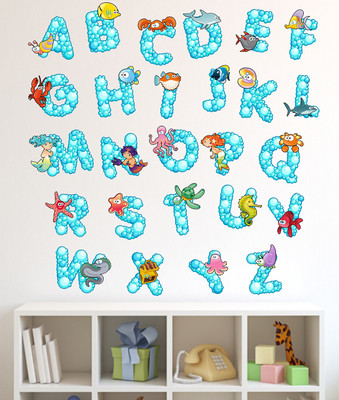 Wallme 100 cm Alphabets with Sea fishes | Non-Reusable Stickers Self Adhesive Sticker(Pack of 1)
