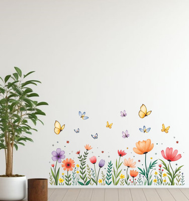 SAM 48 cm Decorative Colorfull Grass with butterflyes Flower Wall Decals/ Self Adhesive Sticker(Pack of 1)