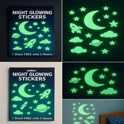 Sanu Creation 10 cm Night Glowing Sticker Glow in the Dark Sticker(Pack of 6)
