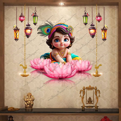 DivineDesigns 61 cm Little Krishna Ji Lotus Self Adhesive Sticker(Pack of 1)