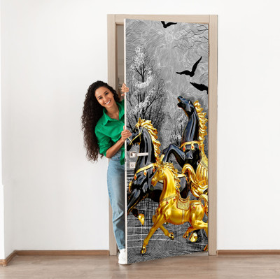 We Kreate 213 cm 3D Embossed Horse Door wallpaper Self Adhesive Sticker(Pack of 1)