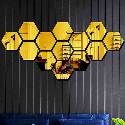 Asmi Collections 12 cm Golden Hexogon Acrylic Mirror Self Adhesive Sticker(Pack of 13)