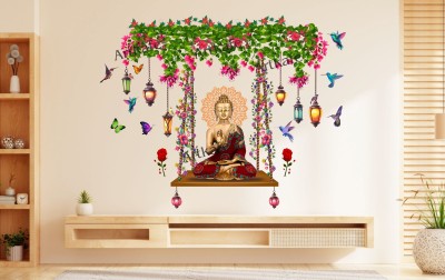 DivineDesigns 31 cm Red Buddha Leaves, Flowers & Butterflies Wall Sticker Self Adhesive Sticker(Pack of 1)