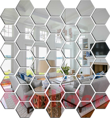 Wallders 70 cm 45 Hexagon With 10 Butterflies Silver 3d Hexagon Mirror Wall Stickers Self Adhesive Sticker(Pack of 2)