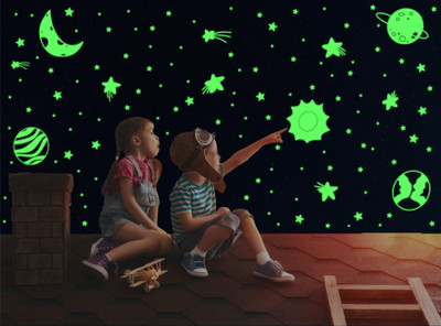 DreamKraft 25 cm Glow in The Dark Half Moon with Saturn and Space Elements Decorative Stickers Self Adhesive Sticker(Pack of 1)