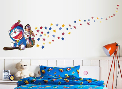 JAAMSO ROAYALS 60 cm Doraemon Is On The Broom And With Stars Home Décor Wall Sticker (60CM x 90CM) Self Adhesive Sticker(Pack of 1)