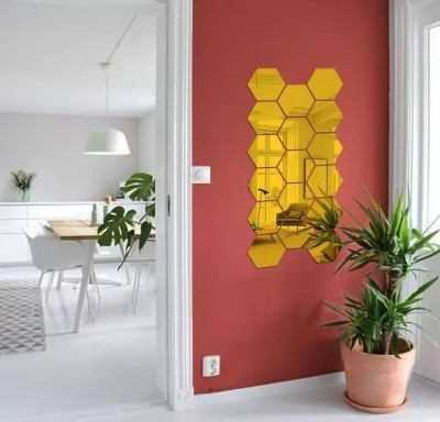 HAPPINY 12 cm 17 Hexagon (10.5 x 12.1 cm) Golden, 3D Acrylic Mirror Stickers for Wall Self Adhesive Sticker(Pack of 1)