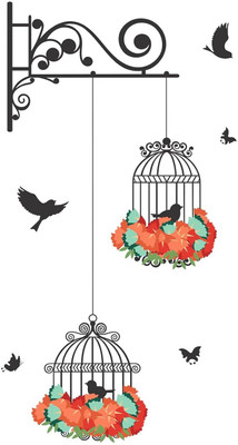 MEERANGI 64 cm Hanging Bird Cage with Flowers Wall Sticker (64 x 34 cm) Self Adhesive Sticker(Pack of 1)