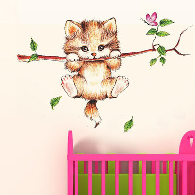 Happy Walls 8 Branch on the Little Catty Self Adhesive Sticker(Pack of 1)