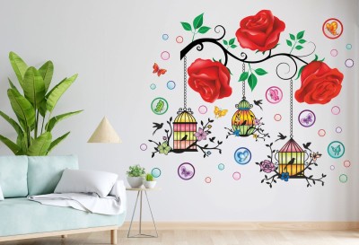 Dilight Art 85 cm Size, Rose With Cages, Butterflies, Birds Design Wall Sticker Self Adhesive Sticker(Pack of 1)