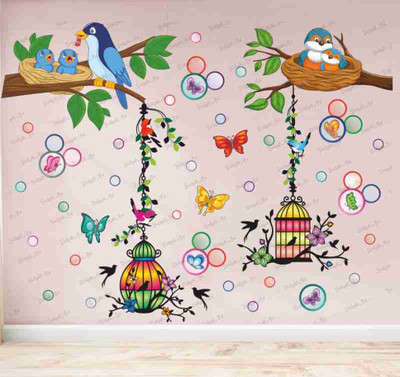 Dilight Art 100 cm Size, Branches-Leaf-Flower-Birds-Butterflies Design Wall Sticker Self Adhesive Sticker(Pack of 1)
