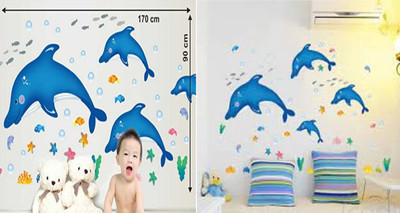 JAAMSO ROYALS 90 cm Black & White Dolphin and Dolphin Fish Marine WallSticker ( Set of 2 ) Self Adhesive Sticker(Pack of 1)