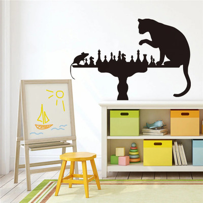 SnappyVinyl 29 cm Black Cat Playing Chess With Mouse Self Adhesive Sticker(Pack of 1)
