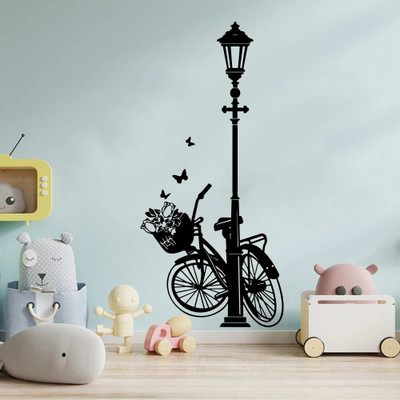 SnappyVinyl 120 cm Modern Bicycle and Lampost Butterfly Self Adhesive Sticker(Pack of 1)