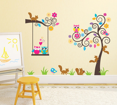 Remer 69 cm Tree with birds wallsticker Self Adhesive Sticker(Pack of 2)