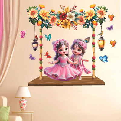 SAJAOHATKE 60 cm Radhe Krishna on Swing and butterflies Self Adhesive Removable Sticker(Pack of 1)