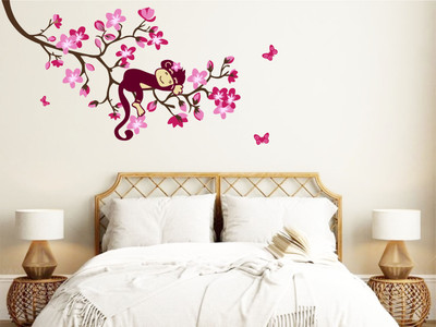 stickermart 80 cm Sleeping Monkey on Pink flower tree wall sticker Self Adhesive Sticker(Pack of 1)