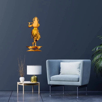 rawpockets 15 cm Golden Lord Krishna With Flute Silhouette 3D Acrylic Mirror Self Adhesive Sticker(Pack of 1)