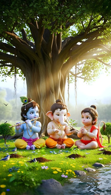 YMGRAPHICS 50 cm Cute baby Little Krishna With Ganesh And Hanuman God Wall Poster Home Decoration Self Adhesive Sticker(Pack of 1)