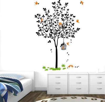 Decal O Decal 120 cm ' Black Tree With Birds Cage And Nest ' Self Adhesive Sticker(Pack of 1)