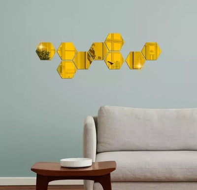 HAPPINY 12 cm 9 Hexagon (10.5 x 12.1 cm) Golden, 3D Acrylic Mirror Stickers for Wall Self Adhesive Sticker(Pack of 1)