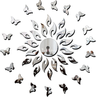 Wallders 70 cm Sun Silver With 20 Butterfly Silver (Sun Size 45 cm x 45 cm) 3d Mirror Stickers Self Adhesive Sticker(Pack of 2)
