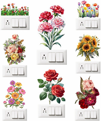 Stikor 30.5 cm Classic Flower 8 Pcs Switch Board Wall PVC Vinyl Removable Sticker(Pack of 8)