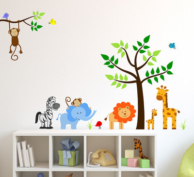 Remer 69 cm Tree with Animals wallsticker Self Adhesive Sticker(Pack of 2)