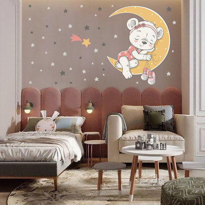 JAAMSO ROYALS 60 cm 3D Cartoon Cute Girly Bear Setting on the Moon Wall Stickers (40CM x 60CM) Self Adhesive Sticker(Pack of 1)