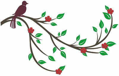 Happy Walls 70 cm bird on a tree branch with red flowers & butterflies Self Adhesive Sticker(Pack of 1)