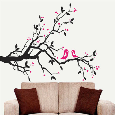 walkart 1 cm black branch with pink love birds Removable Sticker(Pack of 1)