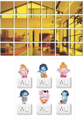 Walltech 45 cm Big Square 24 Golden Acrylic Wall Sticker With Ganesh And Friends Self Adhesive Sticker(Pack of 7)