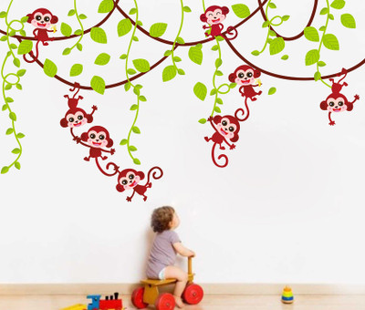 Remer 69 cm Tree With Monkey wallsticker Self Adhesive Sticker(Pack of 2)