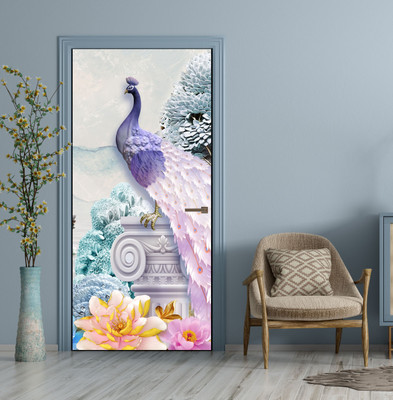 We Kreate 213 cm 3D Embossed Peacock Door wallpaper Self Adhesive Sticker(Pack of 1)