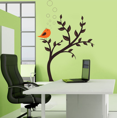 walkart 1 cm tree with a solo bird Removable Sticker(Pack of 1)
