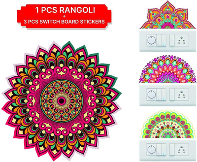 Stikor 12 inch Rangoli Design Wall Sticker 12X12 inch & Switch Board Multicolor Stickers Removable Sticker(Pack of 1)