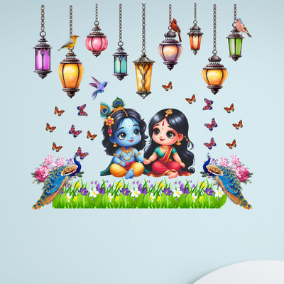 Riditcreation 80 cm Cute Radha Krishna With lamps and peacock Self Adhesive Sticker(Pack of 1)