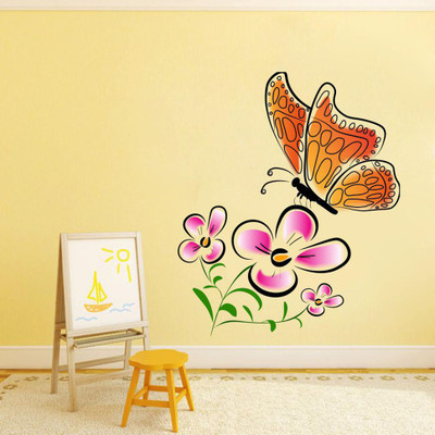 Stickerberry 50 cm Floral With Butterfly wall sticker for Home Decor 70 CM X 50 CM Self Adhesive Sticker(Pack of 1)