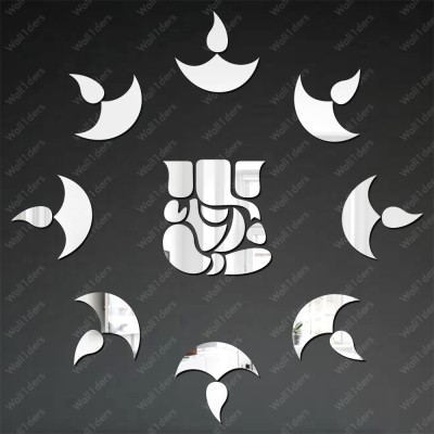 wall1ders 20 cm Small Ganesha 10 Diya Silver Acrylic mirror Self Adhesive Sticker(Pack of 1)