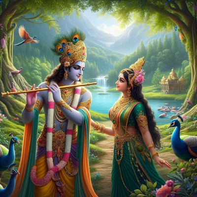 komstec 20.32 cm Lord Krishna With Rukmini Wall Sticker Pster For Home Decor 8x8 Inches Self Adhesive Sticker(Pack of 1)