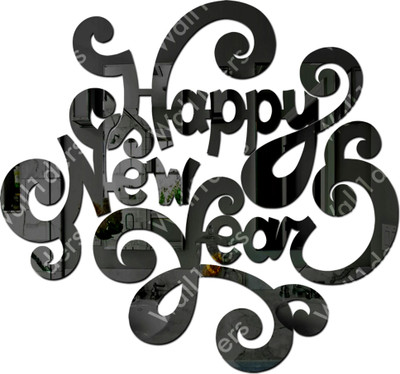 wall1ders 50 cm Happy New Year Black Acrylic Mirror Stickers for Wall Self Adhesive Sticker(Pack of 1)